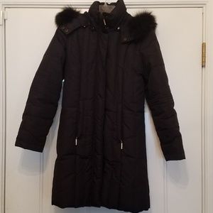 Dana Buchman Down Puffer Coat with Detachable Hood & Real Fur Trim